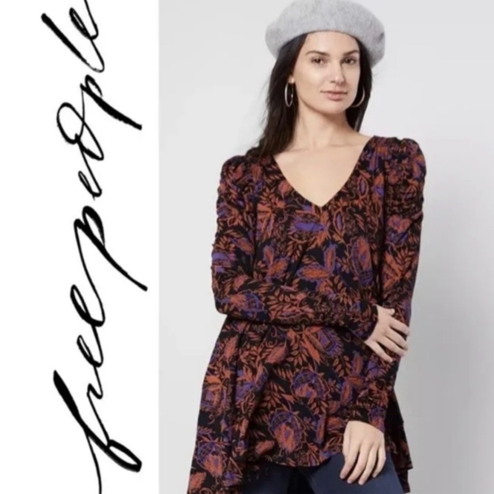 Free People Hello Lover Tunic Top Orange Purple Black Floral Rouch Sleeve Sz L